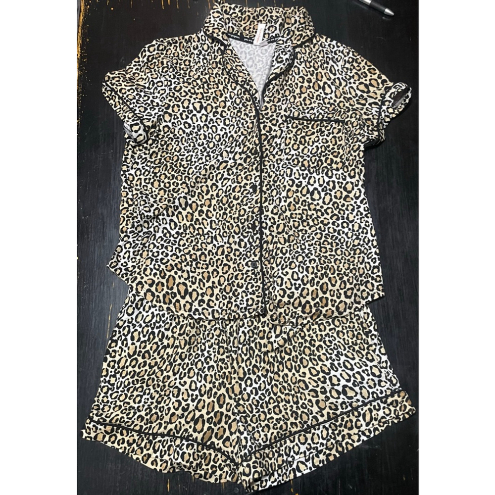 Women's Joyspun Leopard Print Pajama Set S Beige Black